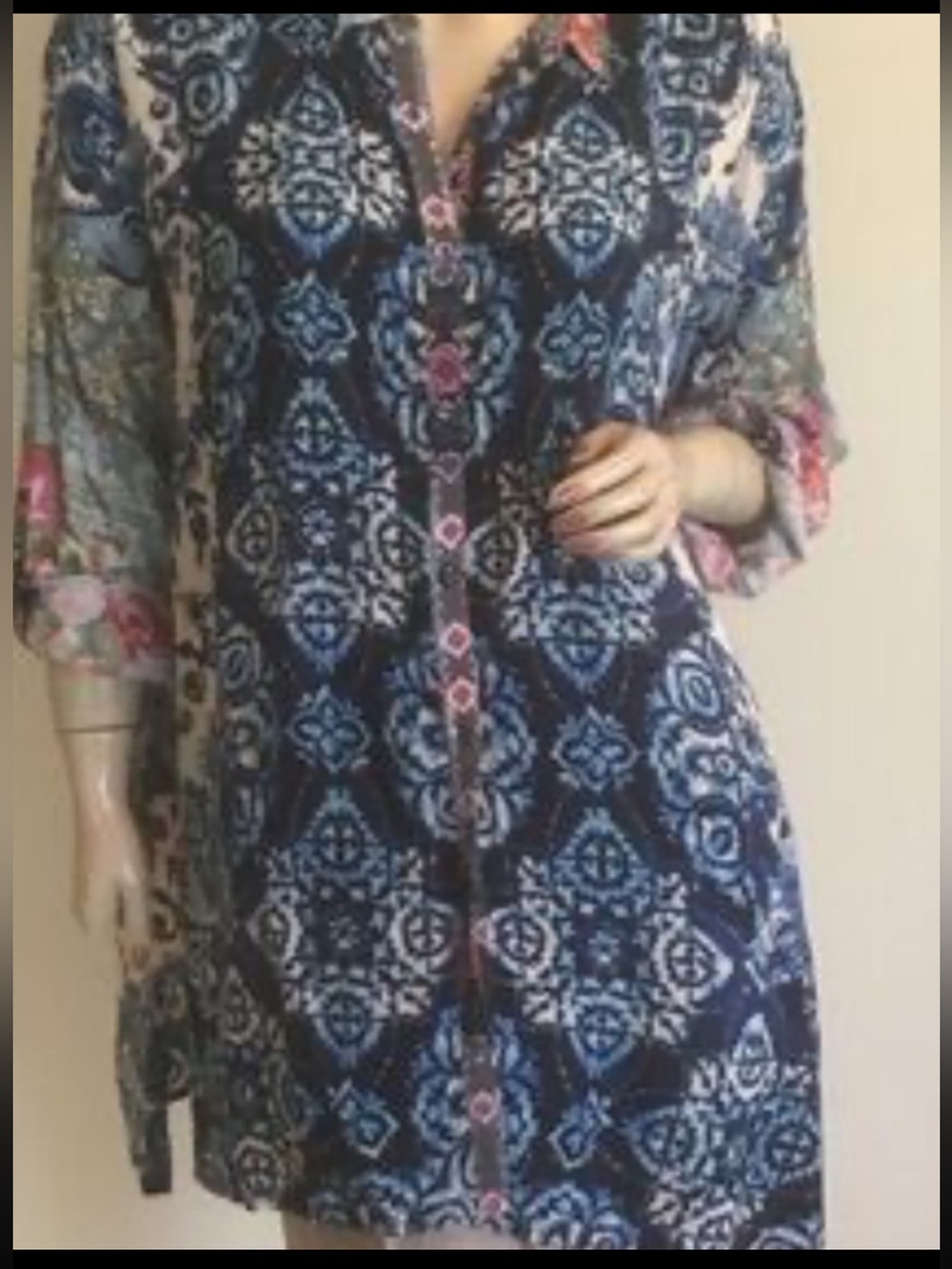 Johnny Was Navy Blue Printed Button-Front Tunic with Pink Accents size xl